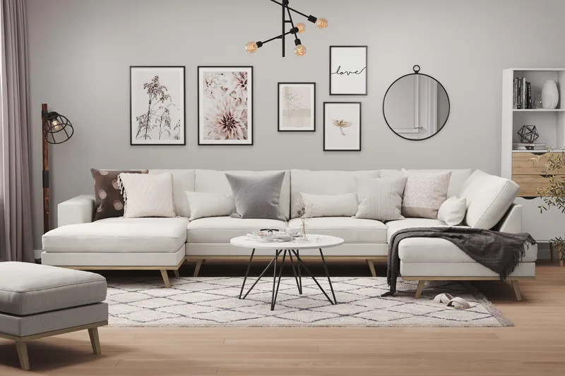 Copenhagen 5-personers Højrevendt U-formet Sofa med Divan og Chaiselong i Stof - Lysegrå - Møbler - Sofaer - U Sofa