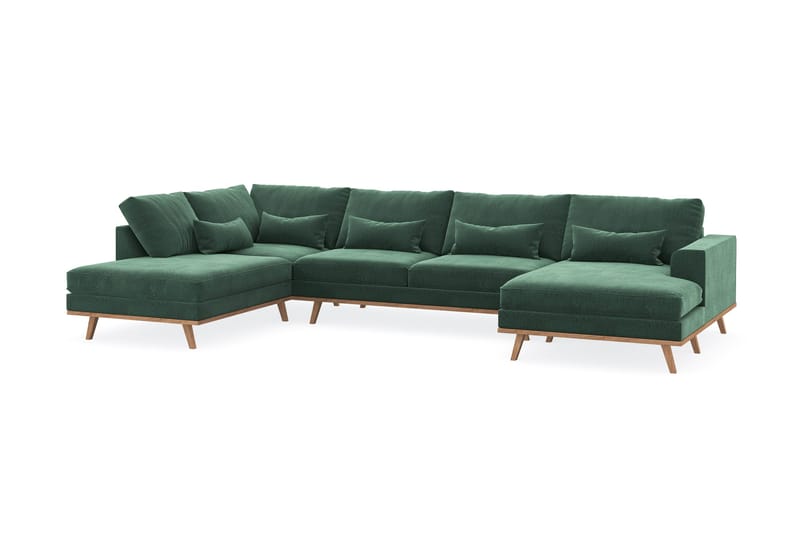 Copenhagen 5-personers Venstrevendt U-formet Sofa med Divan og Chaiselong i Fløjl - Mørkegrøn - Møbler - Sofaer - U Sofa