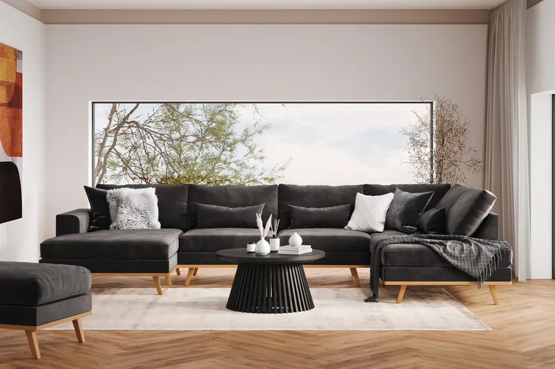 Copenhagen 5-personers Højrevendt U-formet Sofa med Divan og Chaiselong i Fløjl - Mørkegrå - Møbler - Sofaer - U Sofa