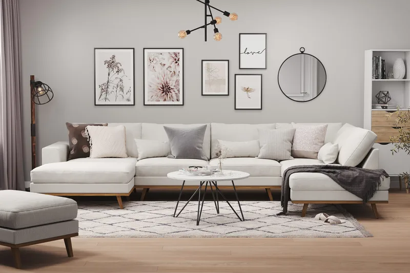 Copenhagen 5-personers Højrevendt U-formet Sofa med Divan og Chaiselong i Stof - Lysegrå - Møbler - Sofaer - U Sofa