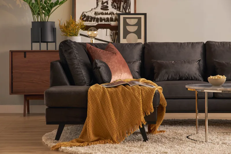 Copenhagen Compact 4-personers Venstrevendt U-formet Large Sofa med Divan og Chaiselong i Fløjl - Mørkegrå - Møbler - Sofaer - U Sofa