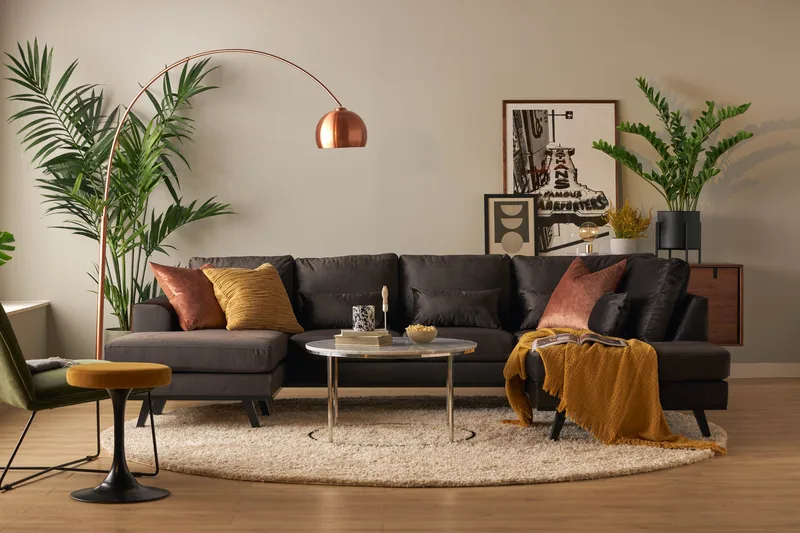 Copenhagen Compact 4-personers Højrevendt U-formet Large Sofa med Divan og Chaiselong i Fløjl - Mørkegrå - Møbler - Sofaer - U Sofa