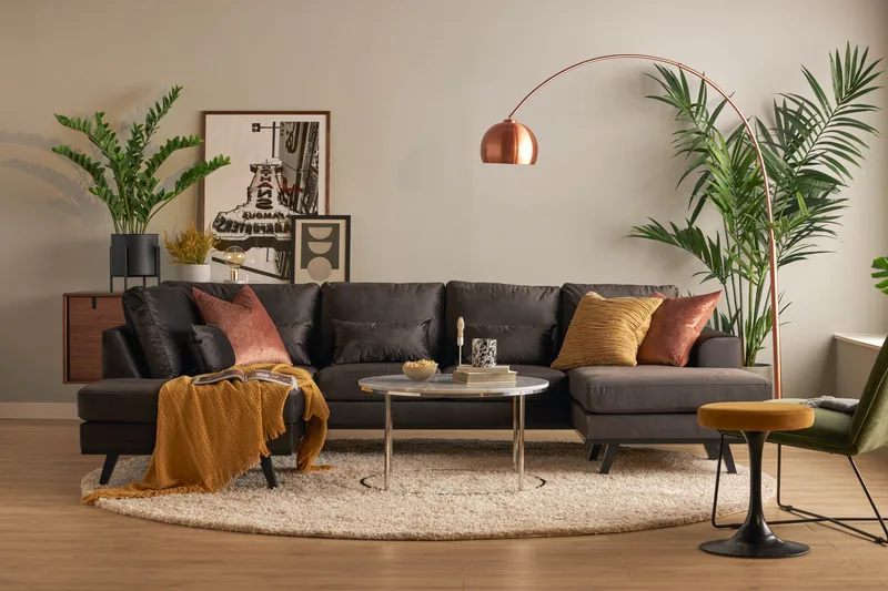 Copenhagen Compact 4-personers Venstrevendt U-formet Large Sofa med Divan og Chaiselong i Fløjl - Mørkegrå - Møbler - Sofaer - U Sofa