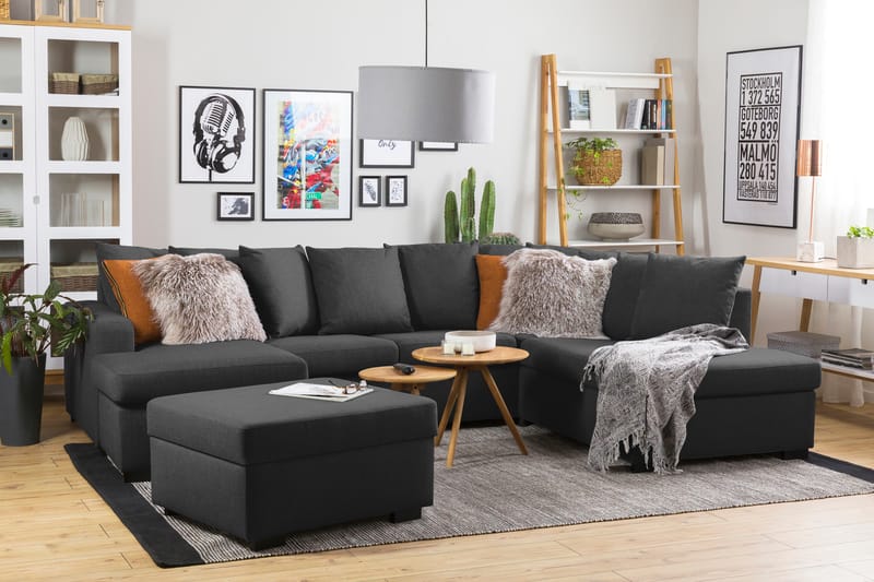 Crazy 4-personers Højrevendt U-formet Large Sofa med Divan og Chaiselong i Stof inkl. Kuvertpuder - Antracit - Møbler - Sofaer - U Sofa