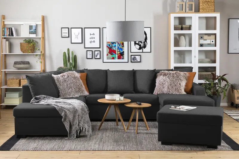 Crazy 4-personers Venstrevendt U-formet Large Sofa med Divan og Chaiselong i Stof inkl. Kuvertpuder - Antracit - Møbler - Sofaer - U Sofa