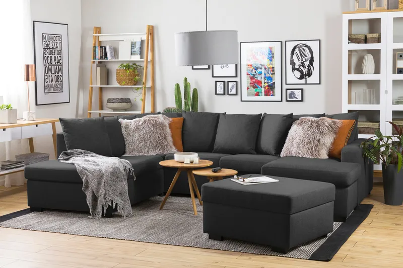 Crazy 4-personers Venstrevendt U-formet Large Sofa med Divan og Chaiselong i Stof inkl. Kuvertpuder - Antracit - Møbler - Sofaer - U Sofa