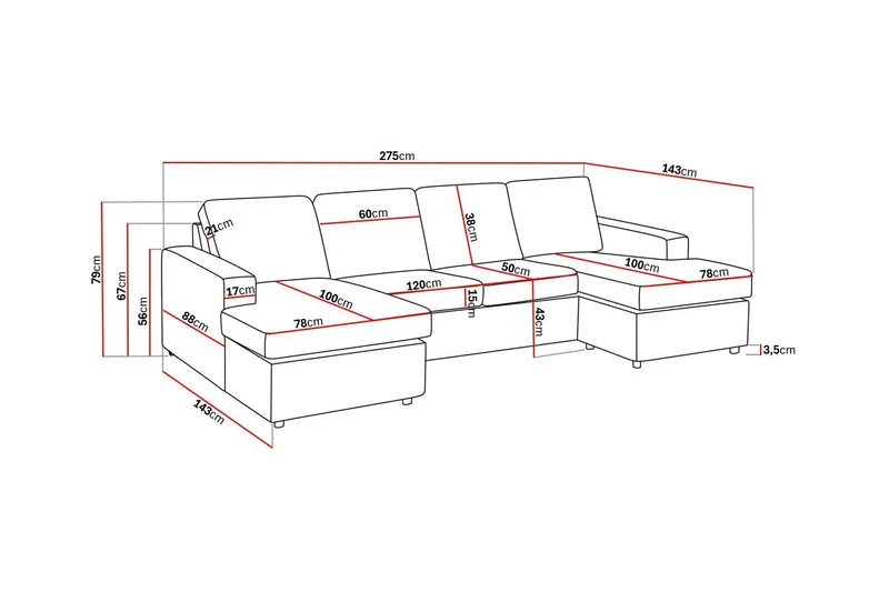 Crazy 4-personers U-formet Sofa med Dobbeltdivan i Stof - Antracit - Møbler - Sofaer - U Sofa