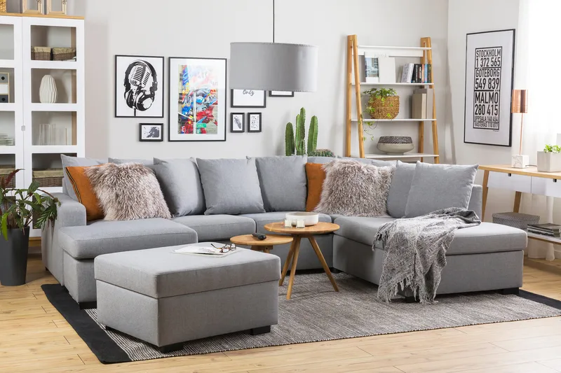 Crazy 4-personers Højrevendt U-formet Large Sofa med Divan og Chaiselong i Stof inkl. Kuvertpuder - Grå - Møbler - Sofaer - U Sofa