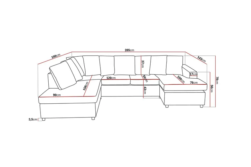 Crazy 4-personers Venstrevendt U-formet Large Sofa med Divan og Chaiselong i Stof inkl. Kuvertpuder - Antracit - Møbler - Sofaer - U Sofa