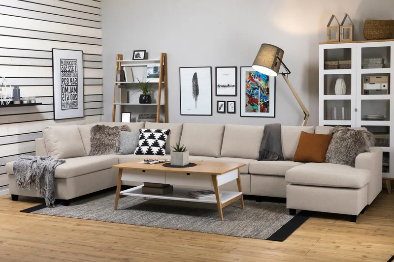 Crazy 6-personers Venstrevendt U-formet XX-Large Sofa med Divan og Chaiselong i Stof - Beige - Møbler - Sofaer - U Sofa