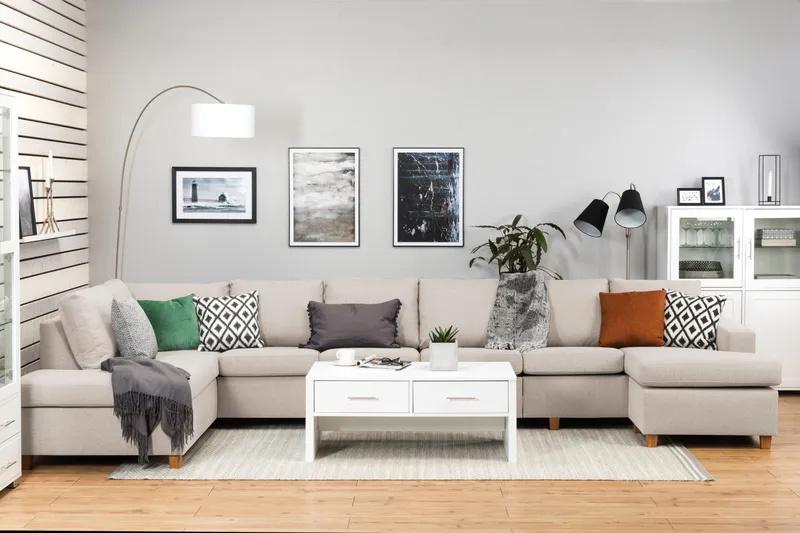 Crazy 6-personers Venstrevendt U-formet XX-Large Sofa med Divan og Chaiselong i Stof - Beige - Møbler - Sofaer - U Sofa