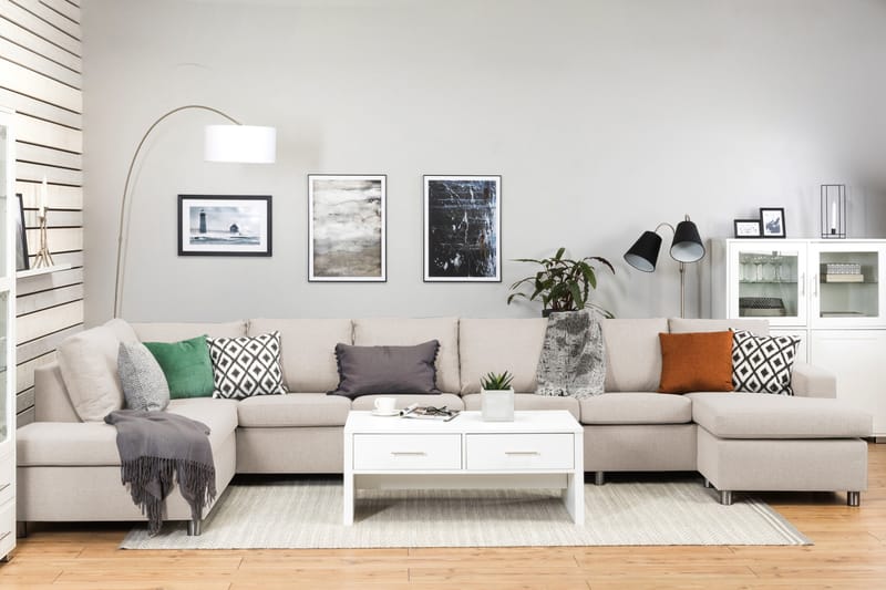 Crazy 6-personers Venstrevendt U-formet XX-Large Sofa med Divan og Chaiselong i Stof - Beige - Møbler - Sofaer - U Sofa