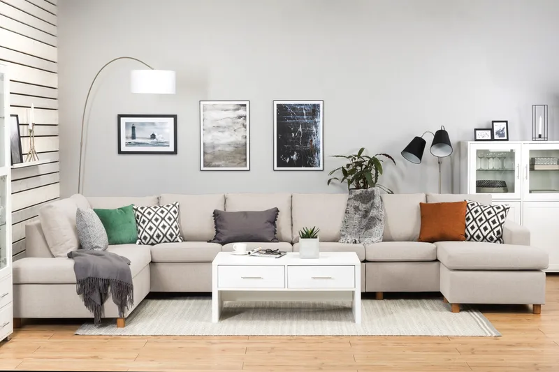 Crazy 6-personers Venstrevendt U-formet XX-Large Sofa med Divan og Chaiselong i Stof - Beige - Møbler - Sofaer - U Sofa