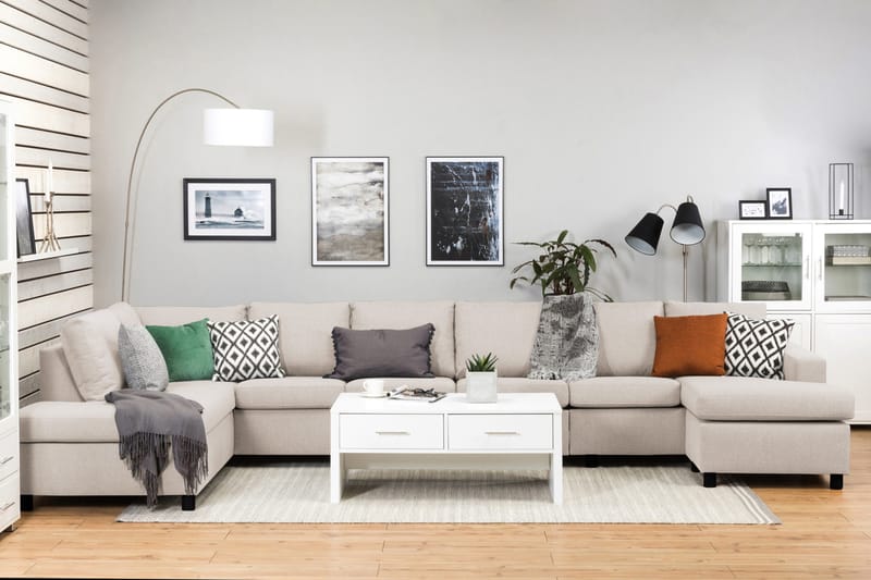 Crazy 6-personers Venstrevendt U-formet XX-Large Sofa med Divan og Chaiselong i Stof - Beige - Møbler - Sofaer - U Sofa