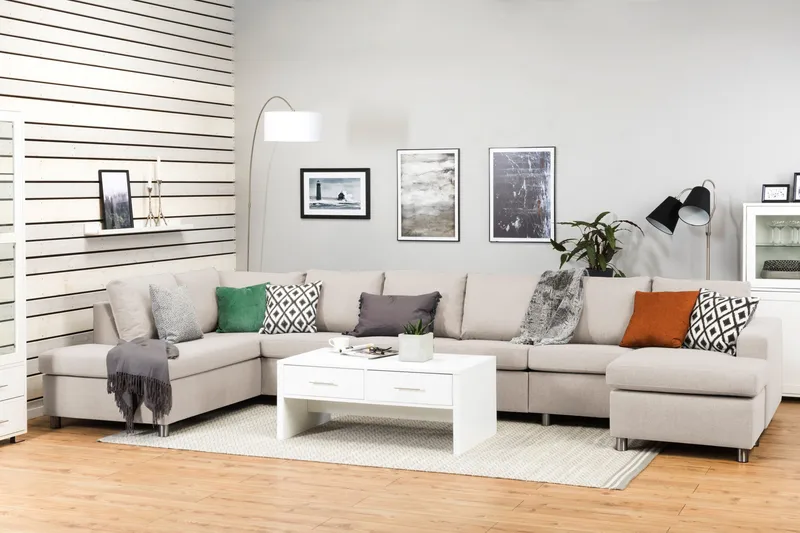 Crazy 6-personers Venstrevendt U-formet XX-Large Sofa med Divan og Chaiselong i Stof - Beige - Møbler - Sofaer - U Sofa