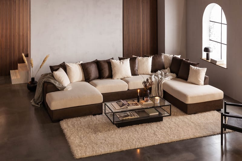 Cuba 5-personers Højrevendt U-formet Sofa med Divan og Chaiselong i Kunstlæder/Stof inkl. Kuvertpuder - Brun / Beige - Møbler - Sofaer - U Sofa
