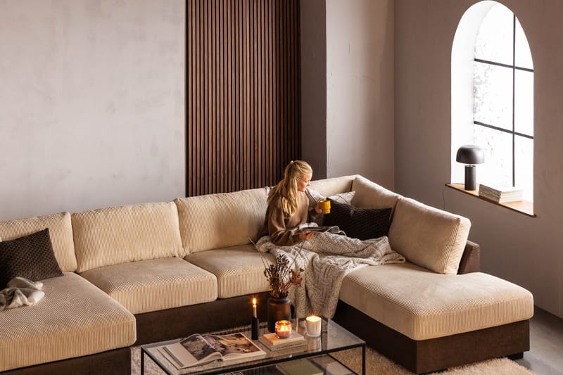 Cuba 5-personers Højrevendt U-formet Sofa med Divan og Chaiselong i Manchester/Kunstlæder - Brun / Beige - Møbler - Sofaer - U Sofa