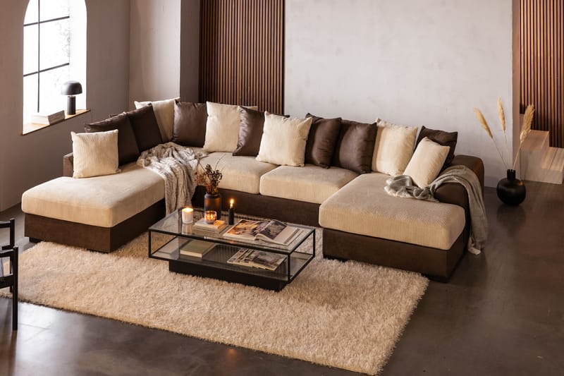 Cuba 5-personers Venstrevendt U-formet Sofa med Divan og Chaiselong i Manchester/Kunstlæder inkl. Kuvertpuder - Brun / Beige - Møbler - Sofaer - U Sofa