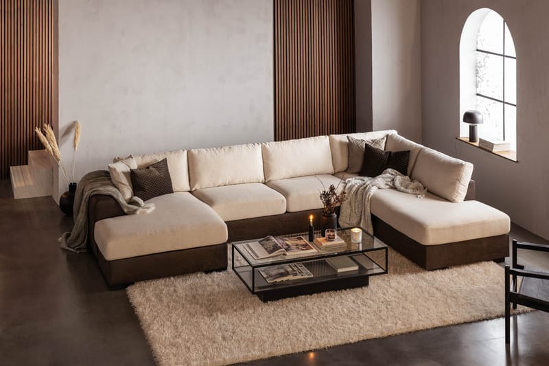 Cuba 5-personers Højrevendt U-formet Sofa med Divan og Chaiselong i Kunstlæder/Stof - Brun / Beige - Møbler - Sofaer - U Sofa