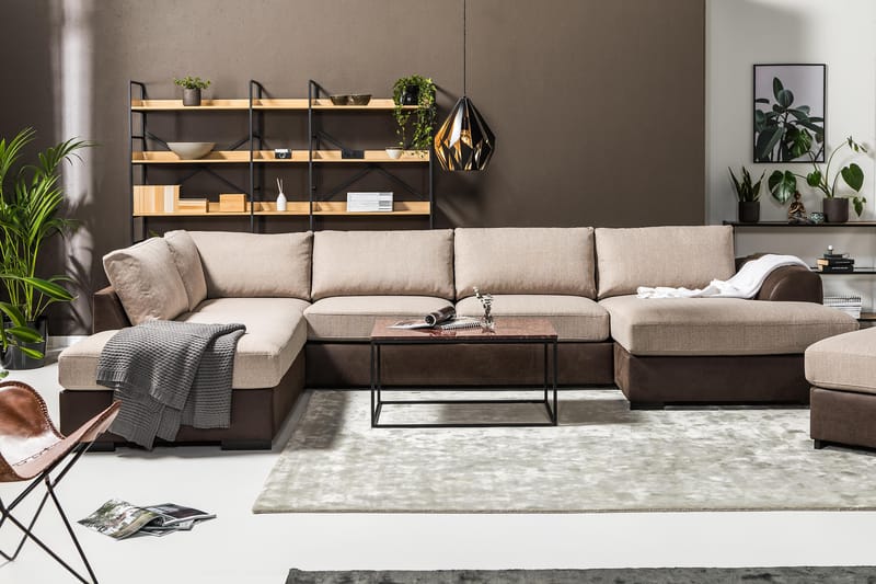 Cuba 5-personers Højrevendt U-formet Sofa med Divan og Chaiselong i Kunstlæder/Stof - Brun / Beige - Møbler - Sofaer - U Sofa