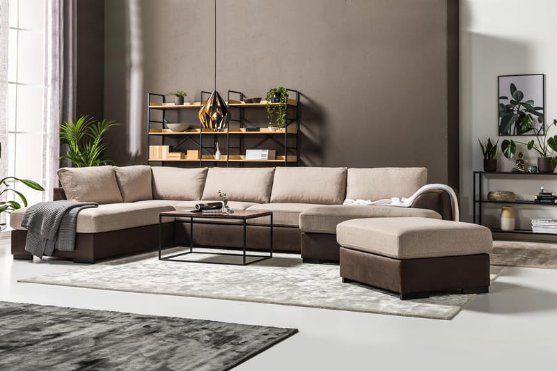Cuba 5-personers Højrevendt U-formet Sofa med Divan og Chaiselong i Kunstlæder/Stof - Brun / Beige - Møbler - Sofaer - U Sofa