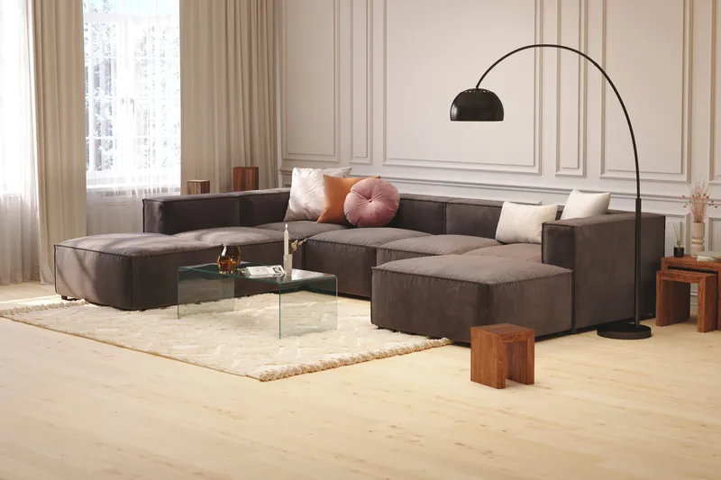 Cubo 5-personers U-formet Dyb Modulsofa med Divan og Chaiselong i Fløjl - Mørkegrå - Møbler - Sofaer - U Sofa