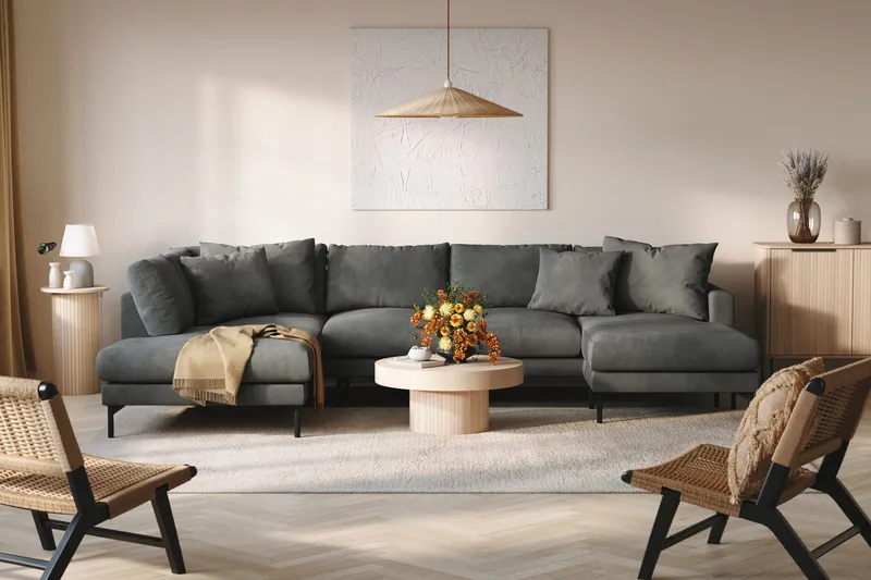 Menard 4-personers Venstrevendt U-formet Sofa med Divan og Chaiselong i Manchester - Grå - Møbler - Sofaer - U Sofa