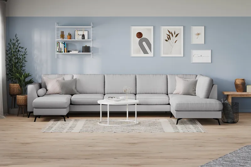 Ocean Lyx 6-personers Højrevendt U-formet Sofa med Divan og Chaiselong + Fodskammel i Stof - Grå - Møbler - Sofaer - U Sofa