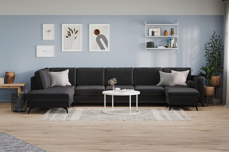 Ocean Lyx 6-personers Venstrevendt U-formet Sofa med Divan og Chaiselong + Fodskammel i Stof - Sort - Møbler - Sofaer - U Sofa