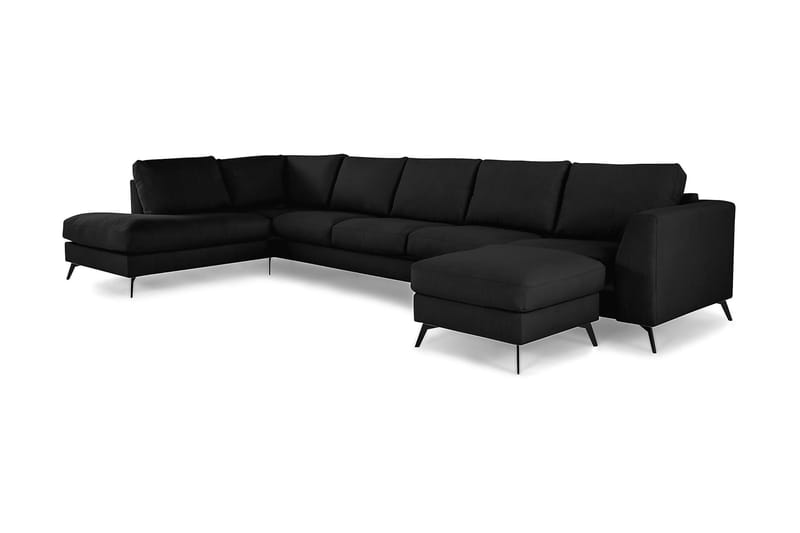 Ocean Lyx 6-personers Venstrevendt U-formet Sofa med Divan og Chaiselong + Fodskammel i Stof - Sort - Møbler - Sofaer - U Sofa