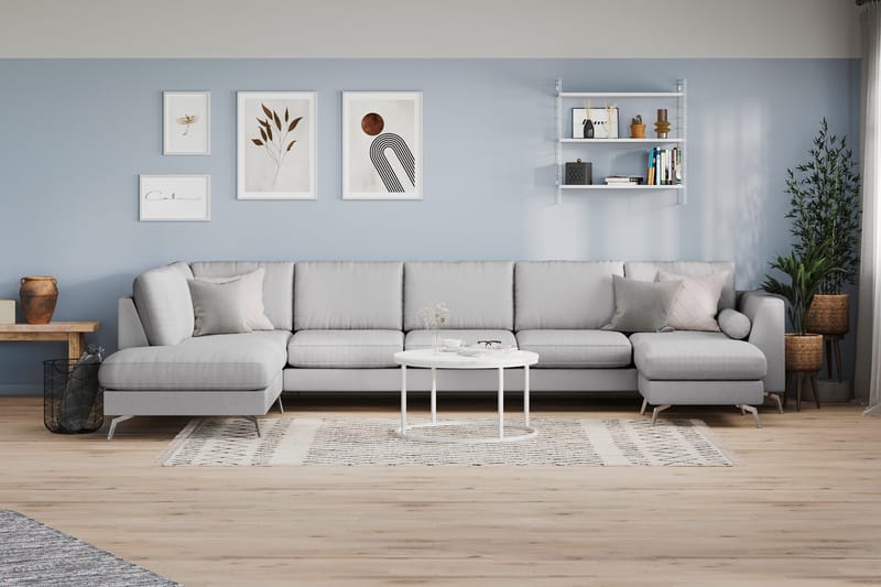 Ocean Lyx 6-personers Venstrevendt U-formet Sofa med Divan og Chaiselong + Fodskammel i Stof - Grå - Møbler - Sofaer - U Sofa