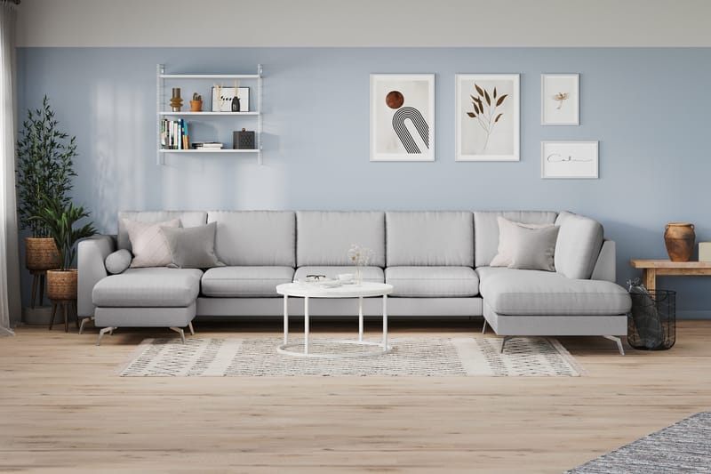 Ocean Lyx 6-personers Højrevendt U-formet Sofa med Divan og Chaiselong + Fodskammel i Stof - Grå - Møbler - Sofaer - U Sofa