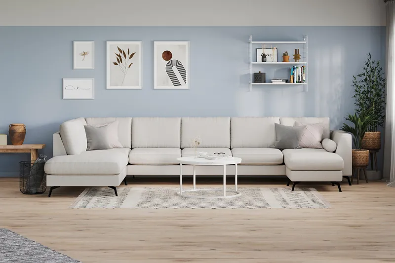 Ocean Lyx 6-personers Venstrevendt U-formet Sofa med Divan og Chaiselong + Fodskammel i Stof - Lysegrå - Møbler - Sofaer - U Sofa