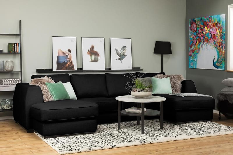 Optus 4-personers U-formet Sofa med Dobbeltdivan i Stof - Sort - Møbler - Sofaer - U Sofa