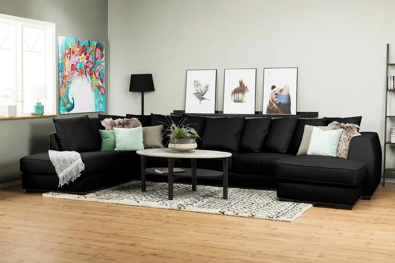 Optus 6-personers Venstrevendt U-formet Large Sofa med Divan og Chaiselong i Stof inkl. Kuvertpuder - Sort - Møbler - Sofaer - U Sofa