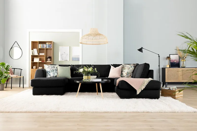 Optus 6-personers Venstrevendt U-formet Large Sofa med Divan og Chaiselong i Stof - Sort - Møbler - Sofaer - U Sofa