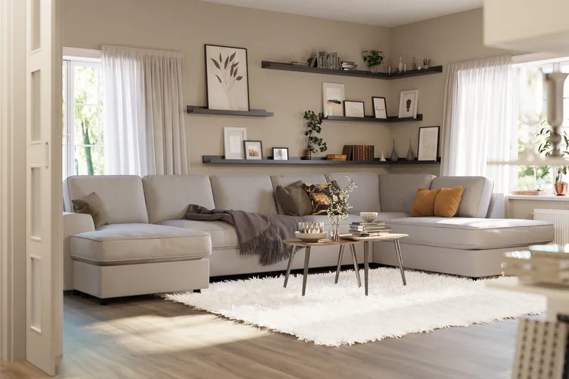 Optus Lyx 6-personers Højrevendt U-formet Large Sofa med Divan og Chaiselong i Stof - Grå - Møbler - Sofaer - U Sofa