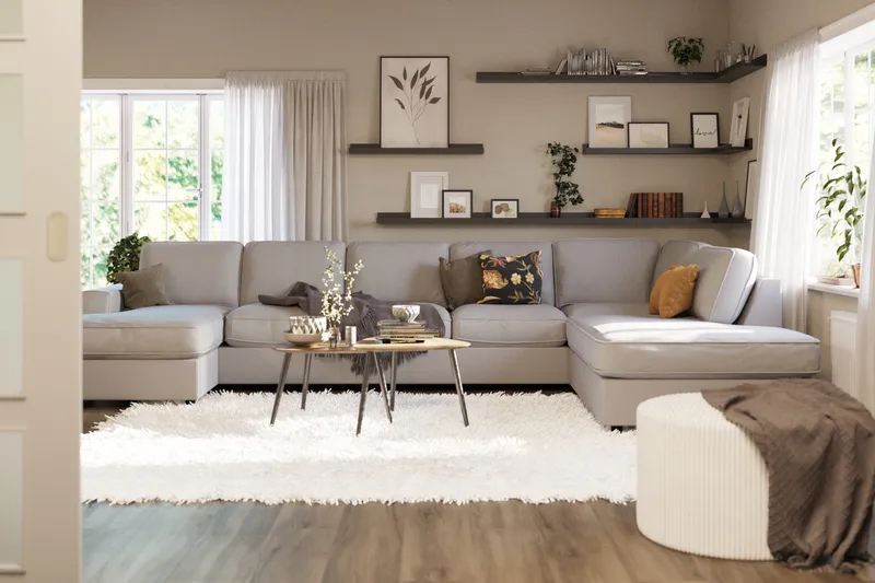 Optus Lyx 6-personers Højrevendt U-formet Large Sofa med Divan og Chaiselong i Stof - Grå - Møbler - Sofaer - U Sofa