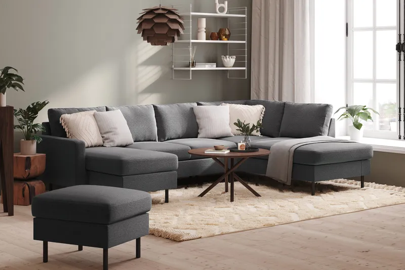 Peppe 4-personers Højrevendt U-formet Sofa med Divan og Chaiselong i Stof - Lysegrå - Møbler - Sofaer - U Sofa