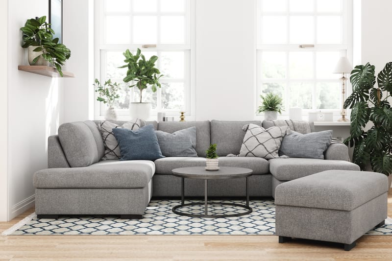 Porto 4-personers Venstrevendt U-formet Sofa med Divan og Chaiselong + Fodskammel i Stof - Grå - Møbler - Sofaer - U Sofa
