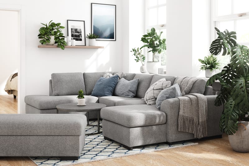 Porto 4-personers Venstrevendt U-formet Sofa med Divan og Chaiselong + Fodskammel i Stof - Grå - Møbler - Sofaer - U Sofa