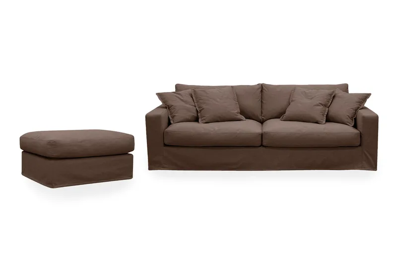 Valencia Extra Dyb 3-personers sofa + fodskammel med aftageligt og vaskbart betræk - Mørkebrun - Møbler - Sofaer - Sofagrupper
