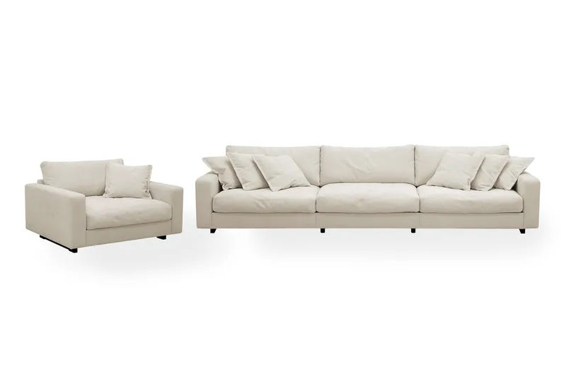 Valencia sofaarrangement ekstra dyb 5-personers sofa + lænestol i chenille, Beige