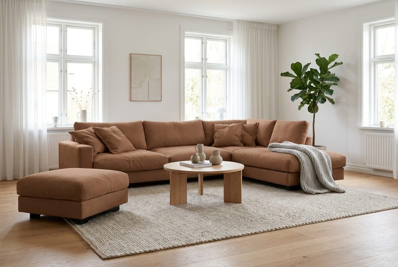 Valencia Sofagruppe Ekstra Dyb 4-personers Chaiselong Højre + Fodskammel - Rustrødbrun - Møbler - Sofaer - Sofagrupper