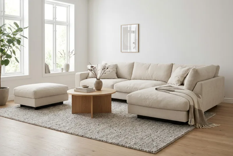 Valencia Sofagruppe Ekstra Dyb 4-personers Chaiselong Højre + Fodskammel - Beige - Møbler - Sofaer - Sofagrupper