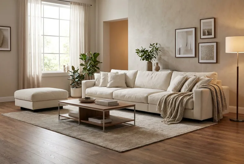 Valencia sofagruppe ekstra dyb 5-personers sofa + fodskammel i chenille - Beige - Møbler - Sofaer - Hjørnesofa
