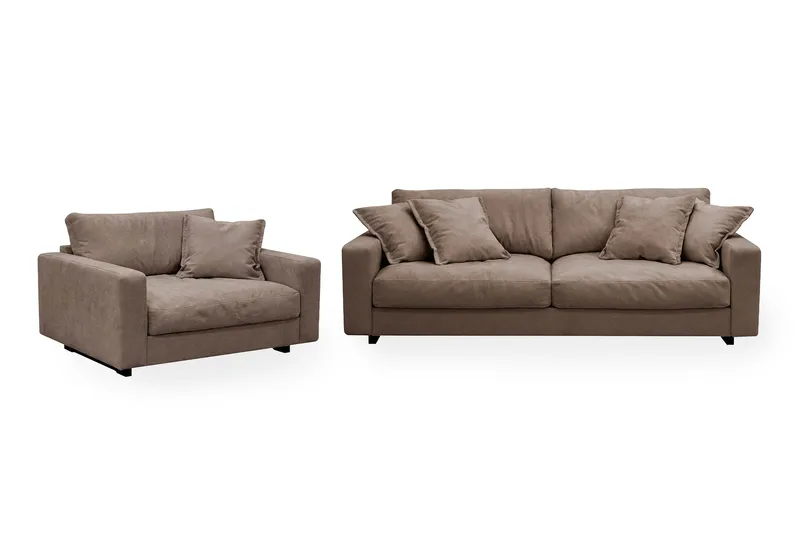 Valencia sofagruppe Extra Dyb 3-personers sofa + lænestol i chenille - Mørkebrun - Møbler - Sofaer - Sofagrupper