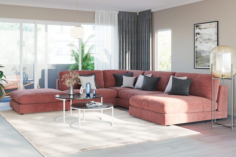 Arken 6-personers Vendbar L-formet Modulhjørnesofa med Chaiselong + Fodskammel i Fløjl - Rosa - Møbler - Sofaer - Velour sofaer