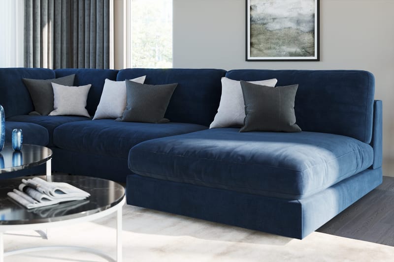 Arken 6-personers Vendbar L-formet Modulhjørnesofa med Chaiselong + Fodskammel i Fløjl - Blå - Møbler - Sofaer - Modulsofaer - Komplet modulsofa