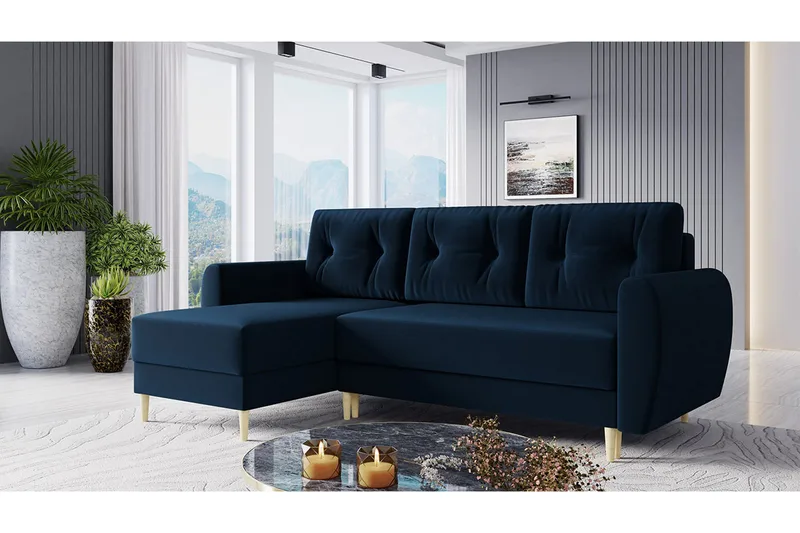 Bornalle 3-personers L-formet Sovesofa 130x200 cm med Opbevaring i Fløjl - Blå - Møbler - Sofaer - Sovesofaer - Sovesofa chaiselong